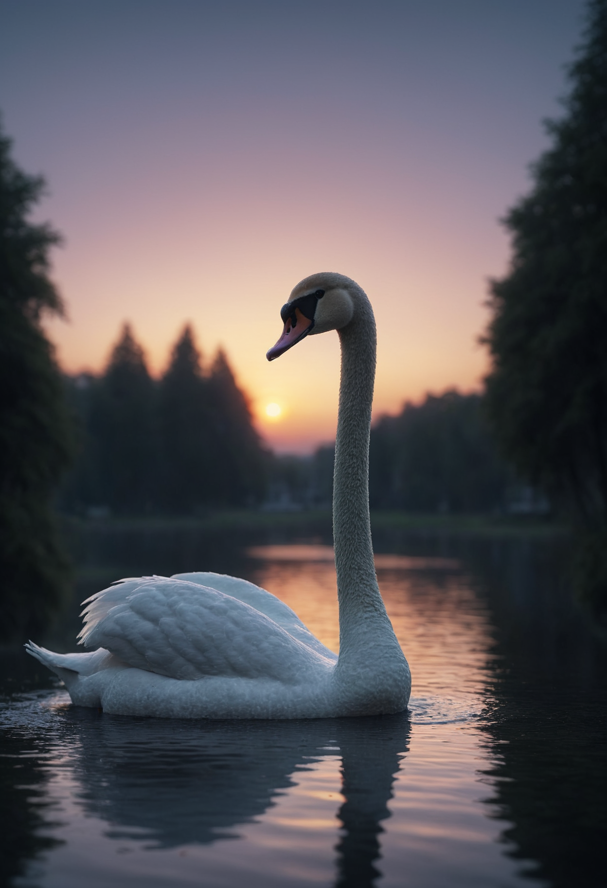 Swan, at Twilight, tilt shift, Cleancore, HDR, shiny intricate 3D graphics octane render highly detailed 8k HDR UHD high quality professional unreal engine PS5  cinematic vray   Mustafa Abdulhadi, involved in a project