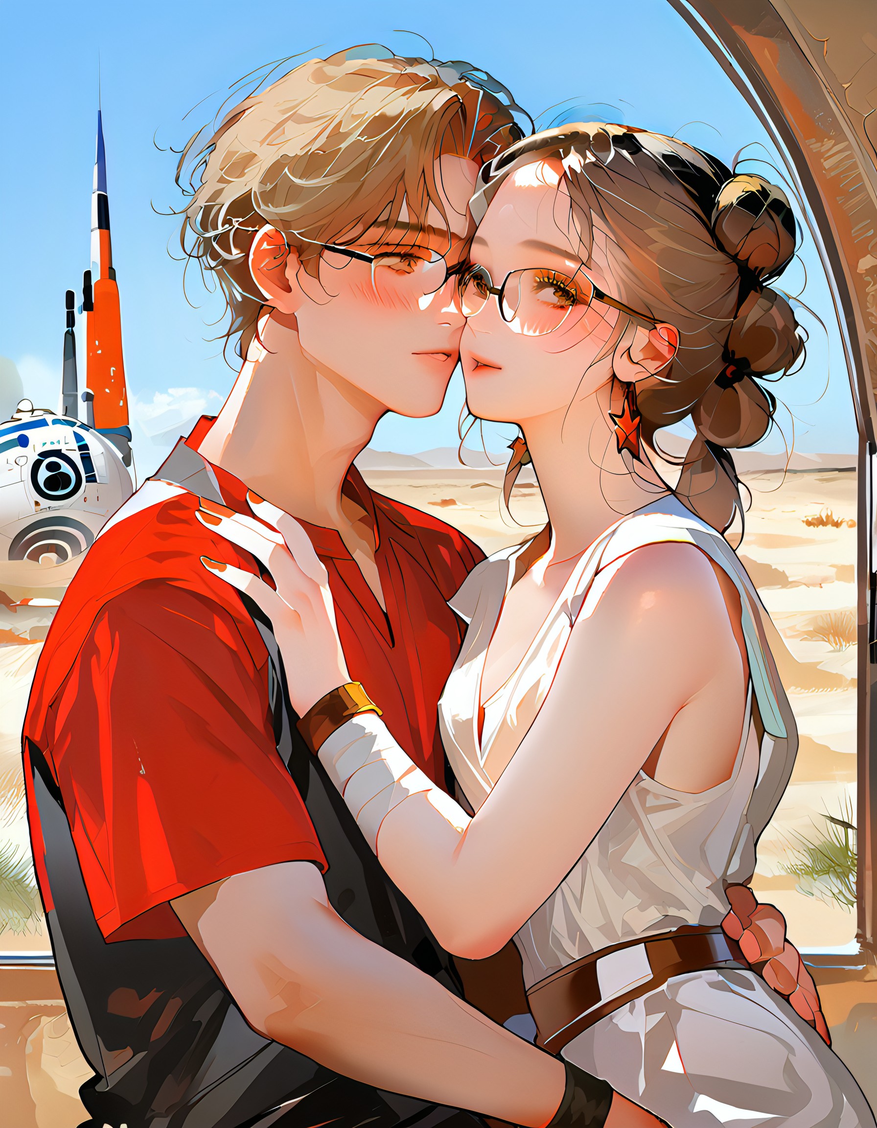 score_9, score_8_up, score_7_up, score_6_up, score_5_up, score_4_up, (girl and boy), detailed background, ultra-detailed, indoors 
BREAK, 
((1girl), beautiful woman, beauty's, cute, beautiful petite girl, earrings, makeup for girl, eyeliner, blushing, detailed face, sexy, breasts, long_hair, bangs, wearing, slip dress, nail polish)
BREAK,
((1boy), handsome young man, wearing t-shirt, wearing eyeglasses, korean man)
BREAK, 
happy, couples, anime, source_anime, Couple, 1girl, 1boy, asian, korean, idols, couples focus, arm around neck, hugging, lipstick marks on man
BREAK,
, Rey, Star Wars, Light brown hair, Wavy hairstyle, Fair skin, Hazel eyes, Triple bun hairstyle, Toned physique, Simple, practical clothing, Wears wrist wraps, Scavenger attire, Desert-weathered look, sleeveless, jedi, white cloth, white pants, bandages,