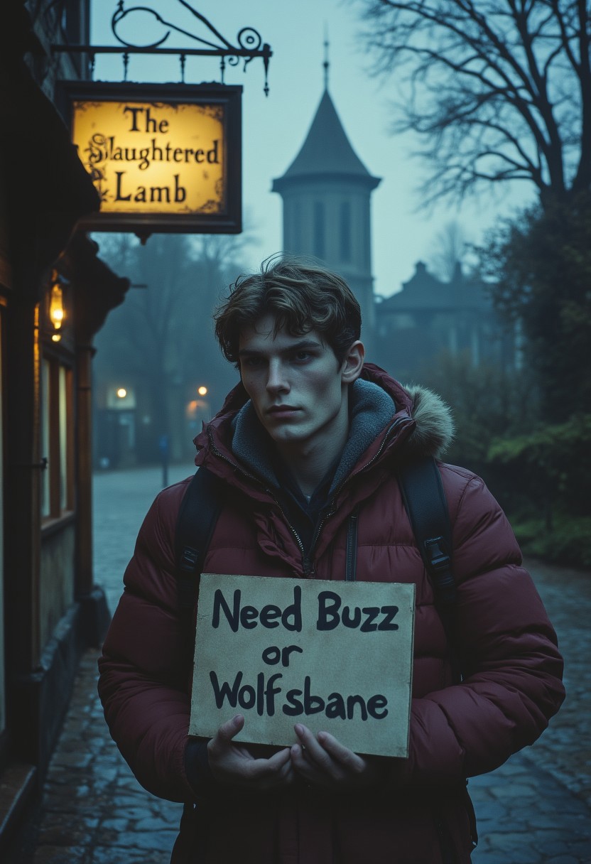 A foggy evening blankets the cobblestone street outside an old English pub, its weathered sign reading "The Slaughtered Lamb" creaking in the chill wind. The pub’s dim yellow light spills onto the red-jacketed figure of a young man, his backpack slung over one shoulder, blending urban modernity with uneasy isolation. He stands beneath the pub’s sign, holding a hand-scrawled cardboard placard that reads “Need Buzz or Wolfsbane” in bold, uneven letters. His face, pale and wary, betrays a hint of desperation as the faint howls of distant wolves seem to echo through the night. The surrounding countryside looms dark and shadowy, the pub’s light a fragile sanctuary against the encroaching wildness. a werewolf stands in the distance
