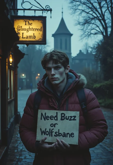 A foggy evening blankets the cobblestone street outside an old English pub, its weathered sign reading "The Slaughtered Lamb" creaking in the chill wind. The pub’s dim yellow light spills onto the red-jacketed figure of a young man, his backpack slung over one shoulder, blending urban modernity with uneasy isolation. He stands beneath the pub’s sign, holding a hand-scrawled cardboard placard that reads “Need Buzz or Wolfsbane” in bold, uneven letters. His face, pale and wary, betrays a hint of desperation as the faint howls of distant wolves seem to echo through the night. The surrounding countryside looms dark and shadowy, the pub’s light a fragile sanctuary against the encroaching wildness. a werewolf stands in the distance