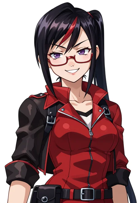 score_9, score_7_up, source_anime, BREAK <lora:zs_SoulHackersPortraitsXL:1> soulhackersportraits, portrait, white background,, smug smile, 1girl, purple eyes, red-framed eyewear, black hair, red colored tips, red streaked hair, very long hair, side ponytail, tied hair, medium breasts, red colored tips, jacket on shoulders, red dress, sleeves rolled up, fingerless gloves, holster,