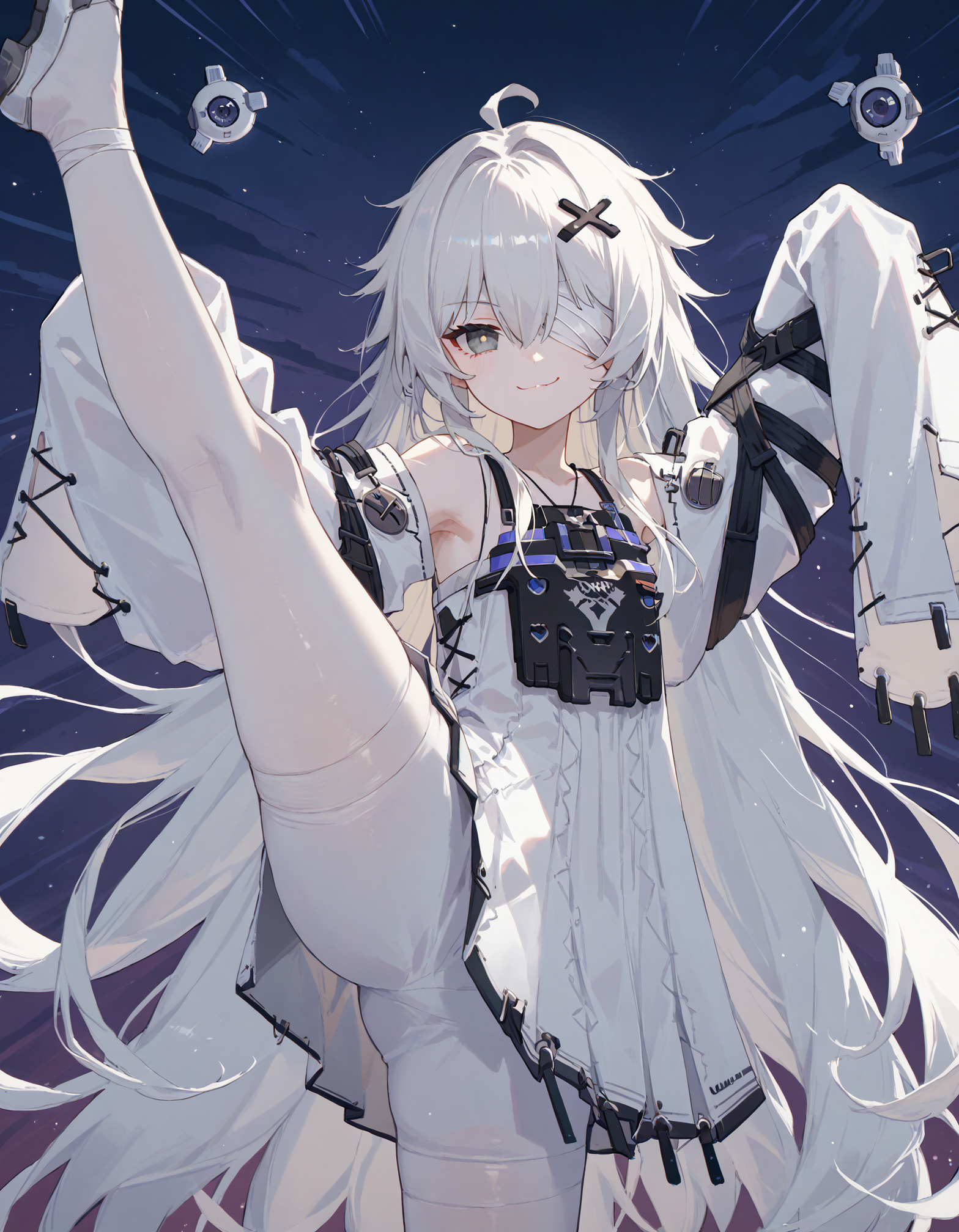 score_9, score_8_up,score_7_up,
1girl,XXI, grey eyes, white hair, long hair, 21. clothes, bandaged head,smug,
looking at viewer, standing split,
<lora:No.21__PGR-Punishing_Gray_Raven__All_Classes_Coming_Soon:1>