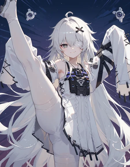 score_9, score_8_up,score_7_up,
1girl,XXI, grey eyes, white hair, long hair, 21. clothes, bandaged head,smug,
looking at viewer, standing split,
<lora:No.21__PGR-Punishing_Gray_Raven__All_Classes_Coming_Soon:1>