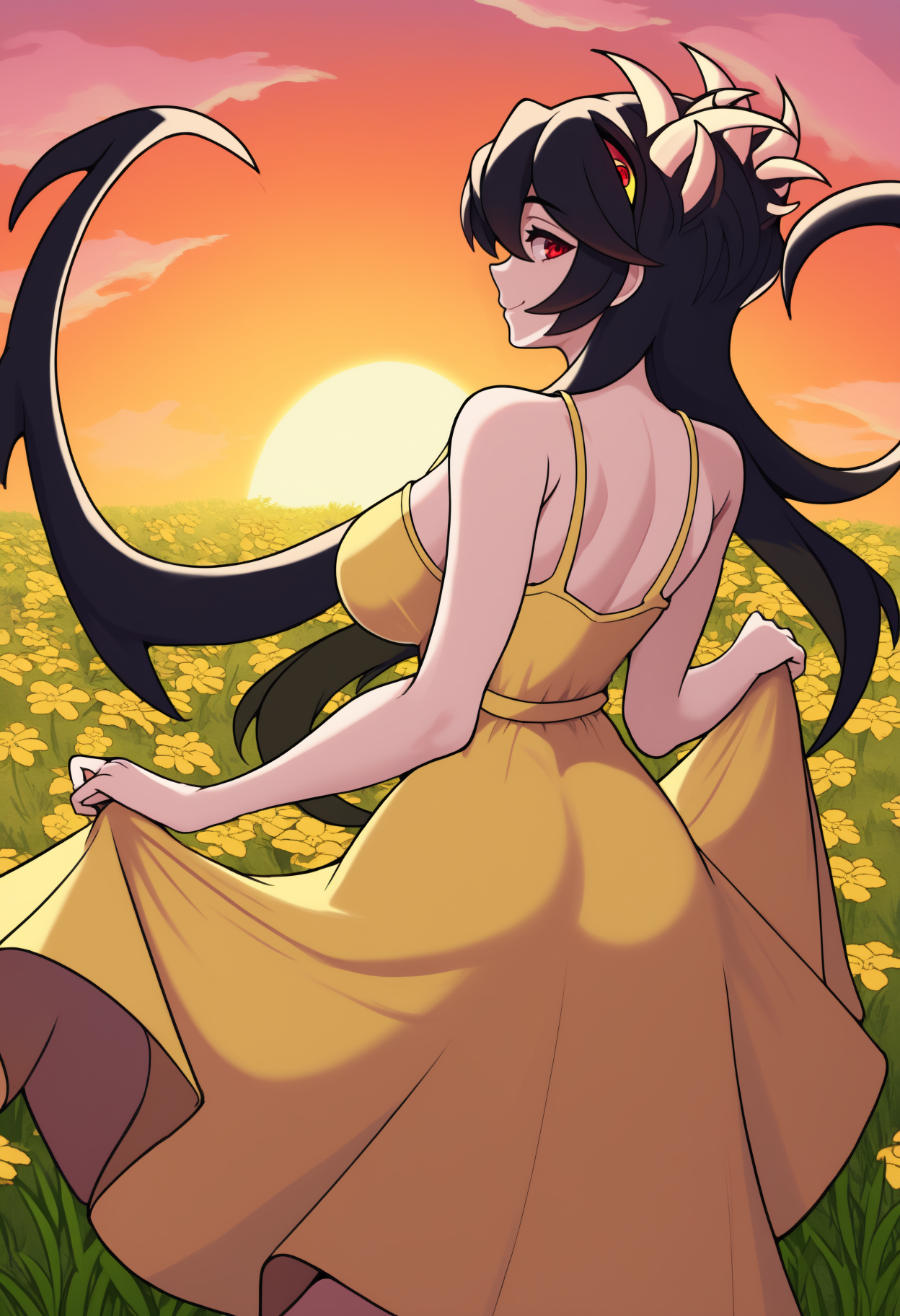 newest, from behind, solo, 1girl, smile, looking back, skirt hold, long hair, black hair, prehensile hair, extra mouth, red eyes, yellow sundress, spaghetti strap, bare shoulders, large breasts, outdoors, sunset, cloud, grass, flower field
<segment:yolo-Anzhc Face seg 640 v3 y11n.pt,0.5,1//cid=11>
