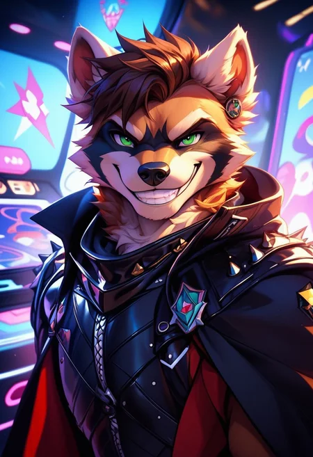 score_9, score_8_up, score_7_up,score_9, score_8_up, score_7_up, ((close up face):1.5), arcade, standing, BREAK, ((High fantasy art style)), solo, male, anthro raccoon, black hooded cloak, (black leather breastplate), black leather greaves, black leather pauldrons, black leather boots, brown hair, ((detailed green eyes)), ((Masterpiece), (absurdres), (shadowy), (mysterious), ((smirking):1.5), ((grin):1.5)