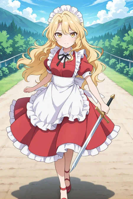 absurdres, highres, masterpiece, best quality, amazing quality, official anime artwork, screencap, anime screencap, outdoors, looking at viewer, light smile, dynamic pose, standing,
<lora:Yumeko_Illustrious:1> yumeko, 1girl, solo, yellow eyes, blonde hair, long hair, wavy hair, small breasts,, maid headdress, neck ribbon, black ribbon, red dress, puffy short sleeves, maid apron, white apron, red shoes, holding sword,