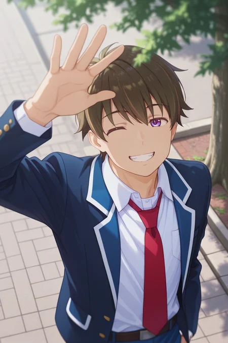 masterpiece, best quality, amazing quality, very aesthetic, high resolution, ultra-detailed, absurdres, newest, scenery, volumetric lighting, depth of field,anime screencap, , , 1boy, solo, male focus,  <lora:Wataru_Sajo:0.96>,wataru sajo,dark brown hair,purple eyes,short hair,smile, shirt, jacket, school uniform, white shirt,upper body,blue pants,one eyes closed,open clothes,belt,teeth, necktie,collared shirt, open jacket,grin,blazer,red necktie,arm up,looking at viewer,outdoors,tree,street,from above,meme