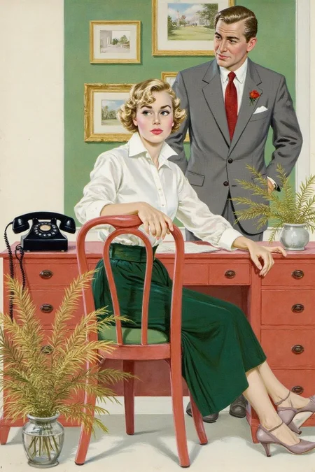 cobyw1 illustration
a woman sitting in a modern office setting, with a man standing behind her. The woman is seated in a red wooden chair with a red desk behind her. There is a vintage black rotary telephone on the desk. <lora:cobyw1_cap_d6a3e12:1.0><lora:818768586790352411:0>