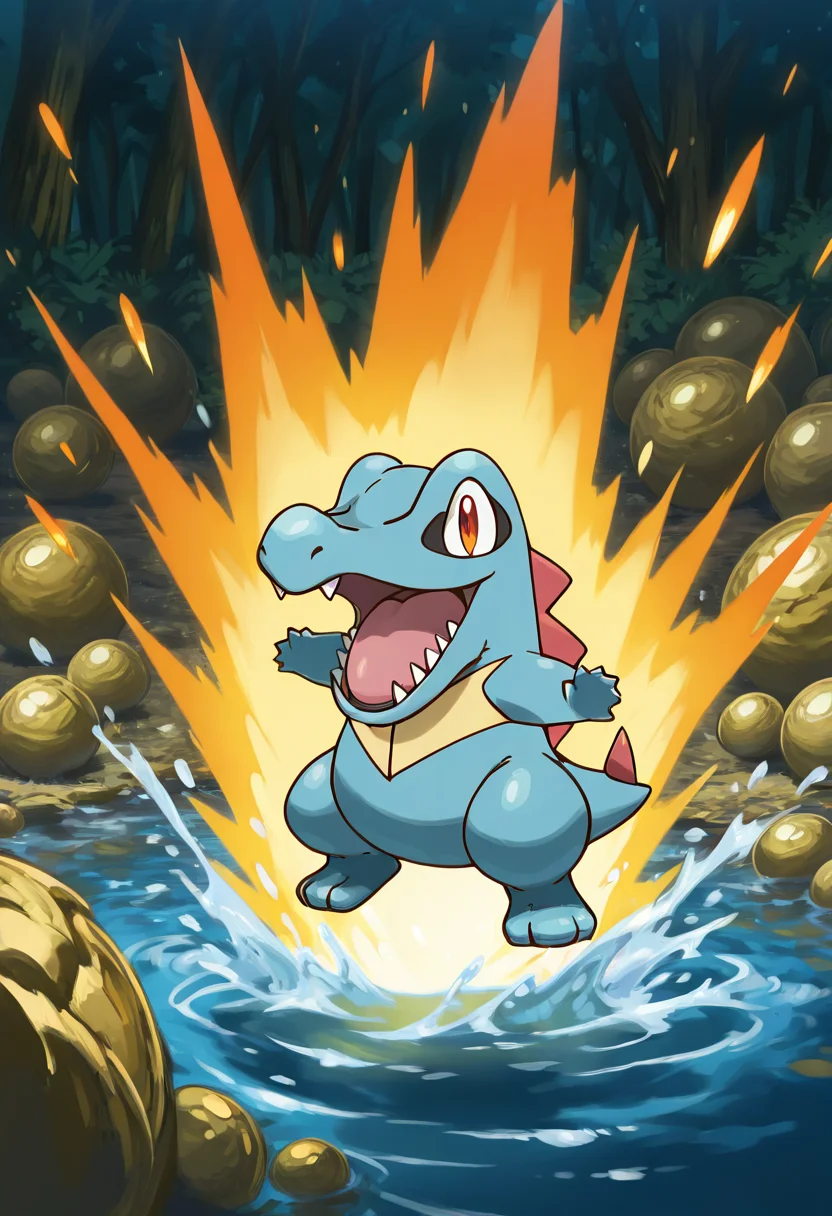 masterpiece, best quality, no humans, solo, zzTotodile, crouched behind a boulder near a campsite, eyes glowing in the firelight as it prepares to launch a surprise water blast. ,<lora:TotodilePokedex_IXL:1.0>,