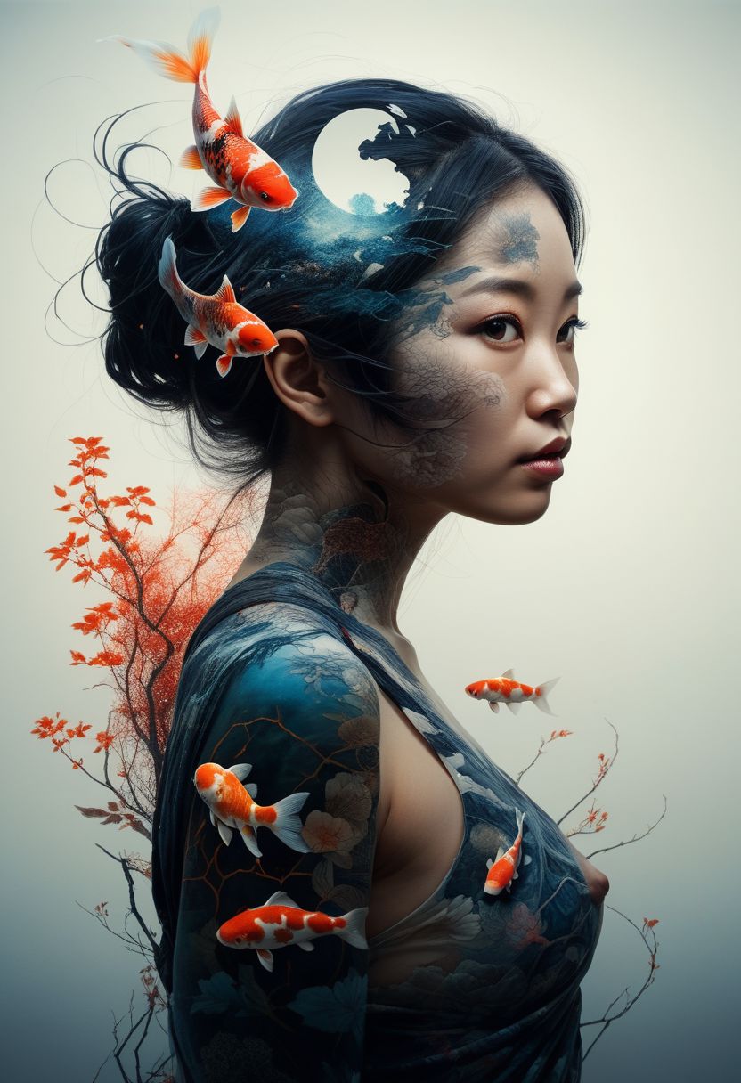 mysterious silhouette asian woman, (koi fish yin and yang), rural, goddess, alluring, by Minjae Lee, Carne Griffiths, Emily Kell, Steve McCurry, Geoffroy Thoorens, Aaron Horkey, Jordan Grimmer, Greg Rutkowski, amazing depth, double exposure, surreal, geometric patterns, intricately detailed, bokeh,  perfect balanced, deep fine borders, artistic photorealism , smooth,  great masterwork by head of prompt engineering   <lora:add-detail-xl:2>  <lora:Double_Exposure:0.5>