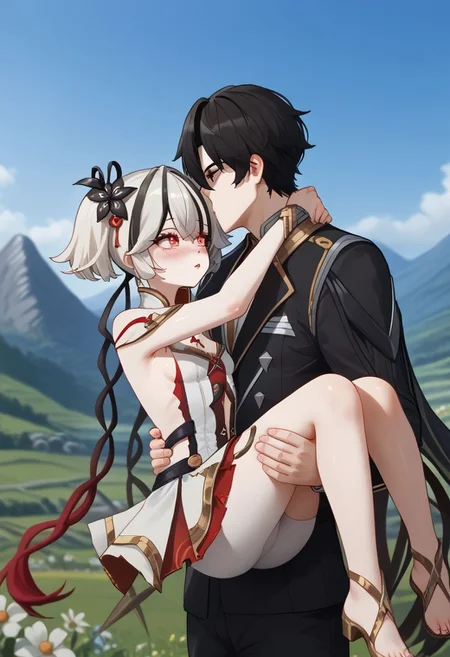 1girl, 1boy, blush, black hair, hair ornament, dress, navel, short twintails, jewelry, flower, white hair, multicolored hair, small breasts, slate eyes, red pupils, diamond-shaped pupils, Camellya, tacet mark \(wuthering waves\), princess carry, kiss, meadow, mountains, Male Rover \(Wuthering Waves\), dark-haired male