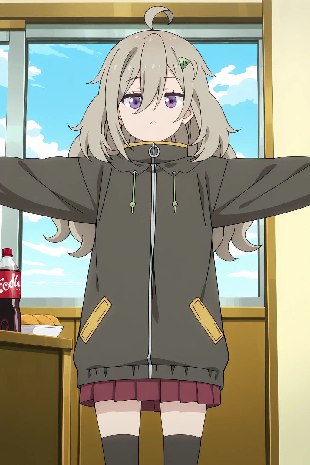 volumetric lighting, official style, amazing quality, ultra detailed, highres, detailed background, anime screenshot, anime screencap, anime coloring, masterpiece, detailed face,1girl  <lora:Tsutsuji_Higa__-25:0.9> Tsutsuji_Higa, Tsutsuji_Higa(Outfit 1), solo, red pleated skirt, long hair, purple eyes, outstretched arms, black jacket with yellow trim, ahoge, food, black thighhighs, hair ornament, long sleeves, spread arms, closed mouth, looking at viewer, day, sky, hair between eyes, :<, standing, cloud, grey hair, indoors, bangs, blue sky, hood, soda bottle