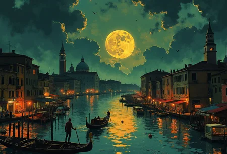 The ancient city on the river glows in the full moon's light, intricate details, the moon fills the sky, gondolas warm colours , anime meets contemporary impressionism