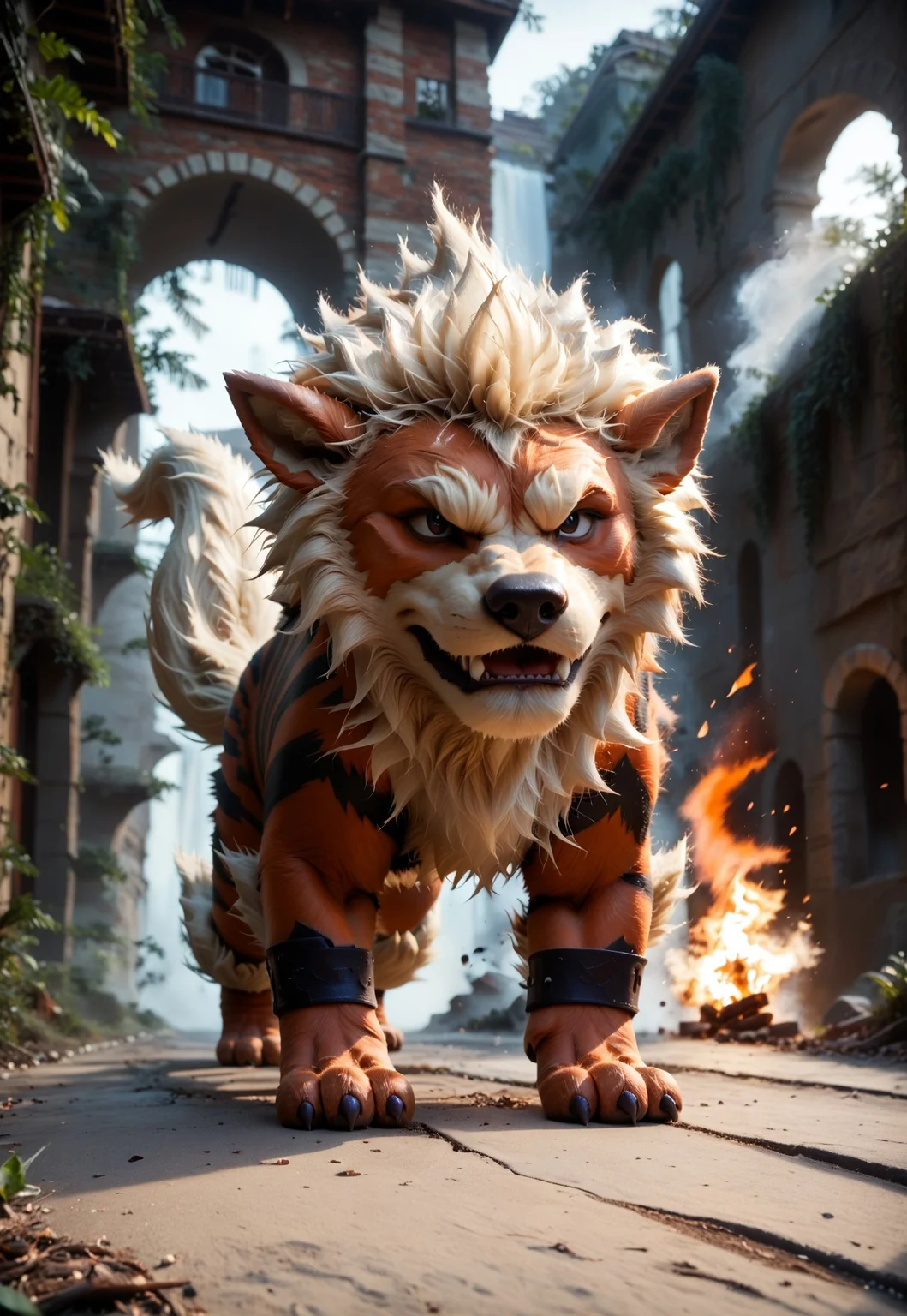 score_9, score_8_up, score_7_up, score_6_up, source_furry, dof, full-length portrait, solo, blurred background, arcanine, pokemon (creature), cinematic, action, motion blur, dynamic angle, feral, realistic lighting, photorealistic, fire in background, portrait