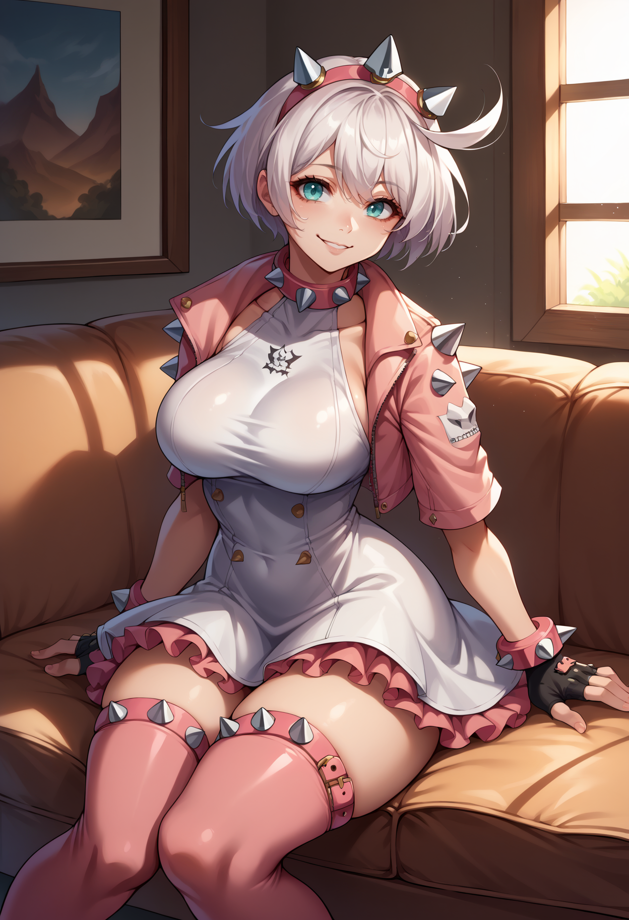 score_9, score_8_up,score_7_up, source_anime, 1girl, solo, <lora:EPggElphelt-09:1.0>,EPggElphelt, white hair, short hair, ahoge, hair between eyes, aqua eyes, large breasts, spikes, pink thighhighs, spiked collar, spiked hairband, spiked bracelet, white dress, frilled dress, pink jacket, short sleeves,  cropped jacket, thigh boots, fingerless gloves, smile, full body, looking at viewer,thick thighs, indoors, living room, on couch, sitting,