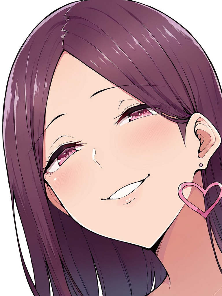 score_9, score_8_up, score_7_up,  
1girl, yukina im, dark red hair, long hair, parted bangs, pink eyes, 
heart earrings,
face, close-up, smile, parted lips, narrowed eyes, looking at viewer, white background,