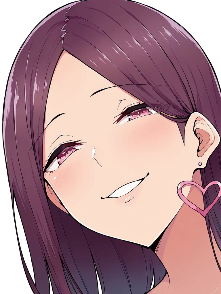 score_9, score_8_up, score_7_up,
1girl, yukina im, dark red hair, long hair, parted bangs, pink eyes,
heart earrings,
face, close-up, smile, parted lips, narrowed eyes, looking at viewer, white background,