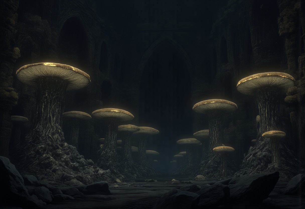 Set against a solid dark black color background to emphasize its unsettling unnatural form that emphasizes its silhouette. The medium is not a traditional painting or illustrative medium like watercolor or ink but rather a digital 3D rendering.
A nightmare landscape featuring an enchanted forest filled with massive, oversized black wet mushrooms with stems dripping saliva sparkling in dark shadows. The forest floor is covered in rocks and soft moss. moonlight filters through a gentle mist, casting cold golden beams across the scene. 
MikeFranchinastyle, d4artstyle, d4concept, , bbstyle,, horror theme,, zbrush, ZBClay model of a gray sculpture, 1990's, 1990's style