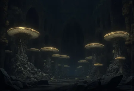 Set against a solid dark black color background to emphasize its unsettling unnatural form that emphasizes its silhouette. The medium is not a traditional painting or illustrative medium like watercolor or ink but rather a digital 3D rendering.
A nightmare landscape featuring an enchanted forest filled with massive, oversized black wet mushrooms with stems dripping saliva sparkling in dark shadows. The forest floor is covered in rocks and soft moss. moonlight filters through a gentle mist, casting cold golden beams across the scene.
MikeFranchinastyle, d4artstyle, d4concept, , bbstyle,, horror theme,, zbrush, ZBClay model of a gray sculpture, 1990's, 1990's style