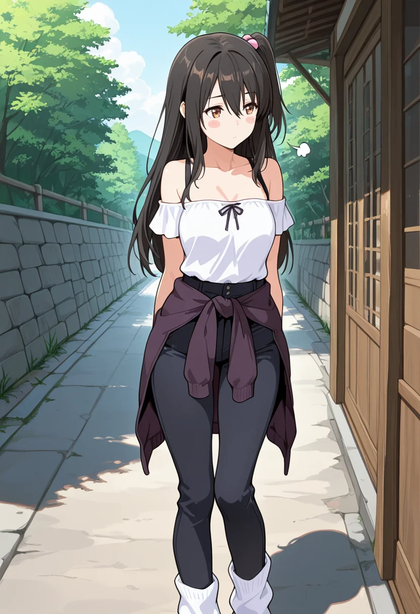 masterpiece,high quality details,
outdoors,
<lora:Adachi_Tenka:0.8> tenka_cnr, 1girl, black hair, long hair,brown eyes,hair between eyes, one side up, (aged up:1.2), sigh,blush stickers,, off-shoulder blouse ,clothes around waist,cropped pants, ,leg warmers,