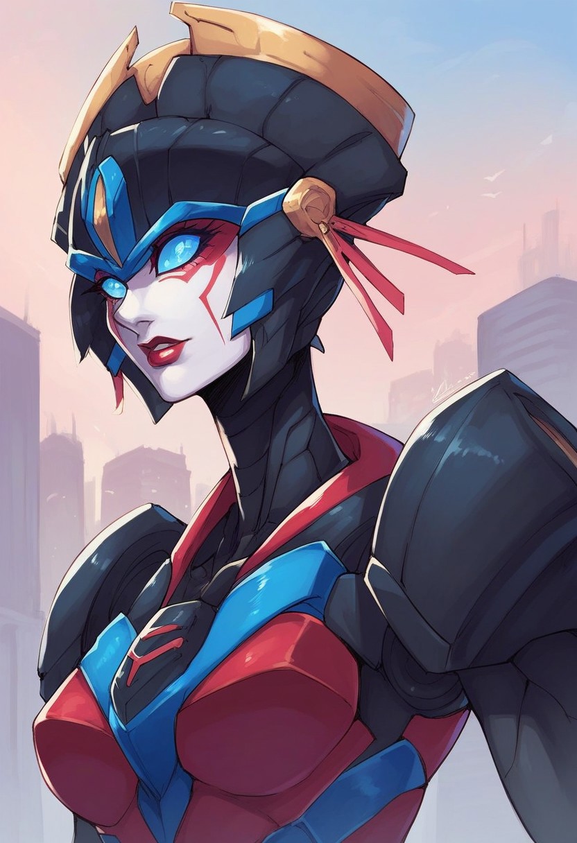 score_9, score_8_up, score_7_up, 1girl, Windbladexl, robot, mecha, autobot, multicolored body, red skin, black skin, blue eyes, face markings, helmet, upper body, city roof