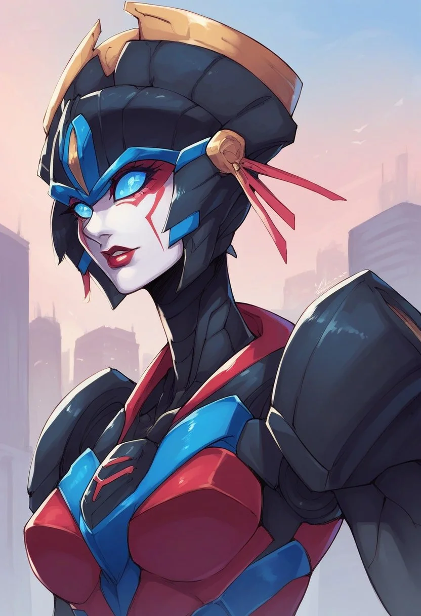 score_9, score_8_up, score_7_up, 1girl, Windbladexl, robot, mecha, autobot, multicolored body, red skin, black skin, blue eyes, face markings, helmet, upper body, city roof