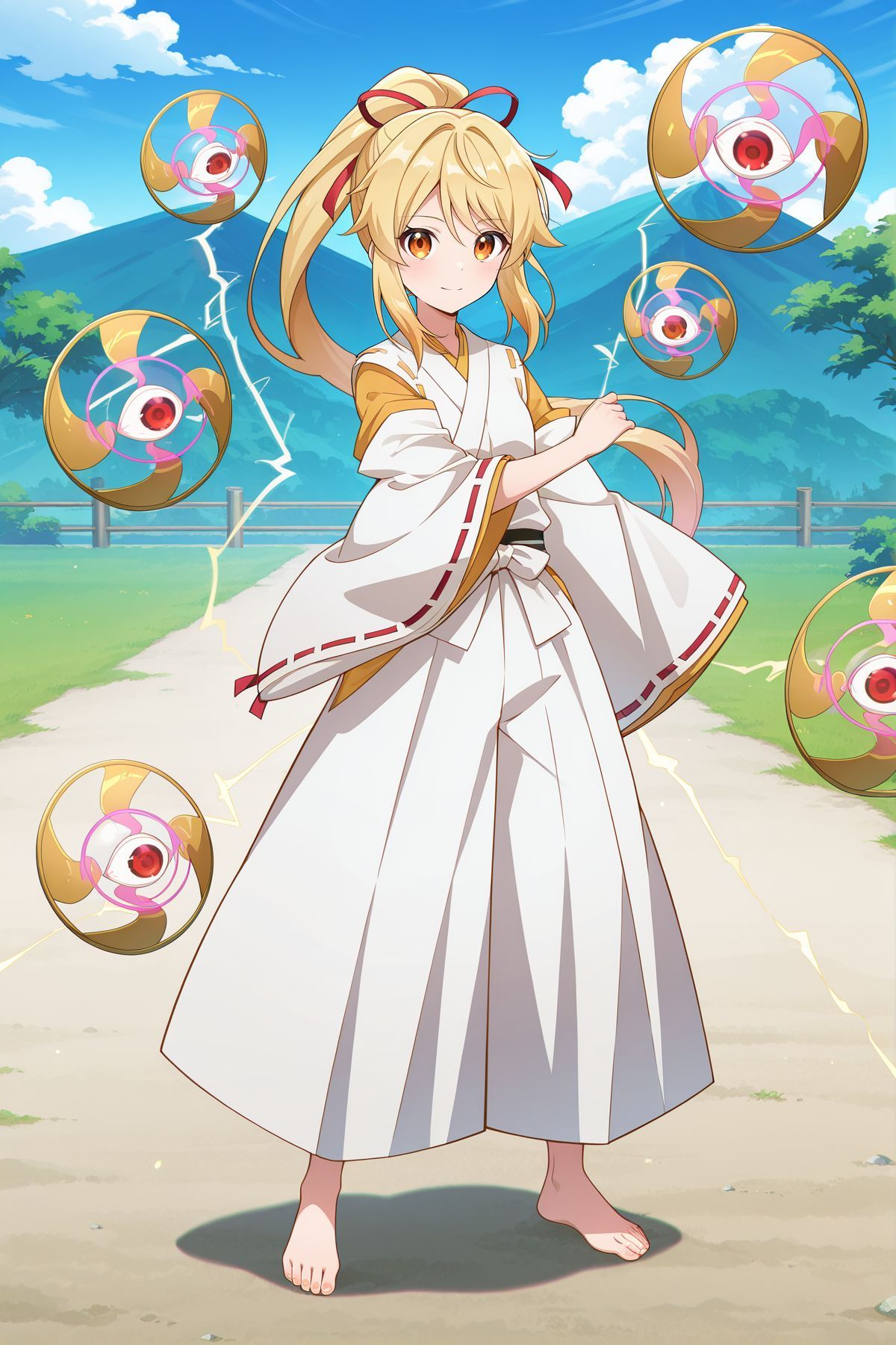 absurdres, highres, masterpiece, best quality, amazing quality, official anime artwork, screencap, anime screencap, outdoors, looking at viewer, light smile, dynamic pose, standing,
 <lora:YuugenMagan_Illustrious:1> yuugenmagan, 1girl, solo, orange eyes, blonde hair, long hair, high ponytail, sidelocks,, hair ribbon, red ribbon, white kimono, long sleeves, wide sleeves, ribbon-trimmed sleeves, detached sleeves, white pants, barefoot, eyeball, electricity,