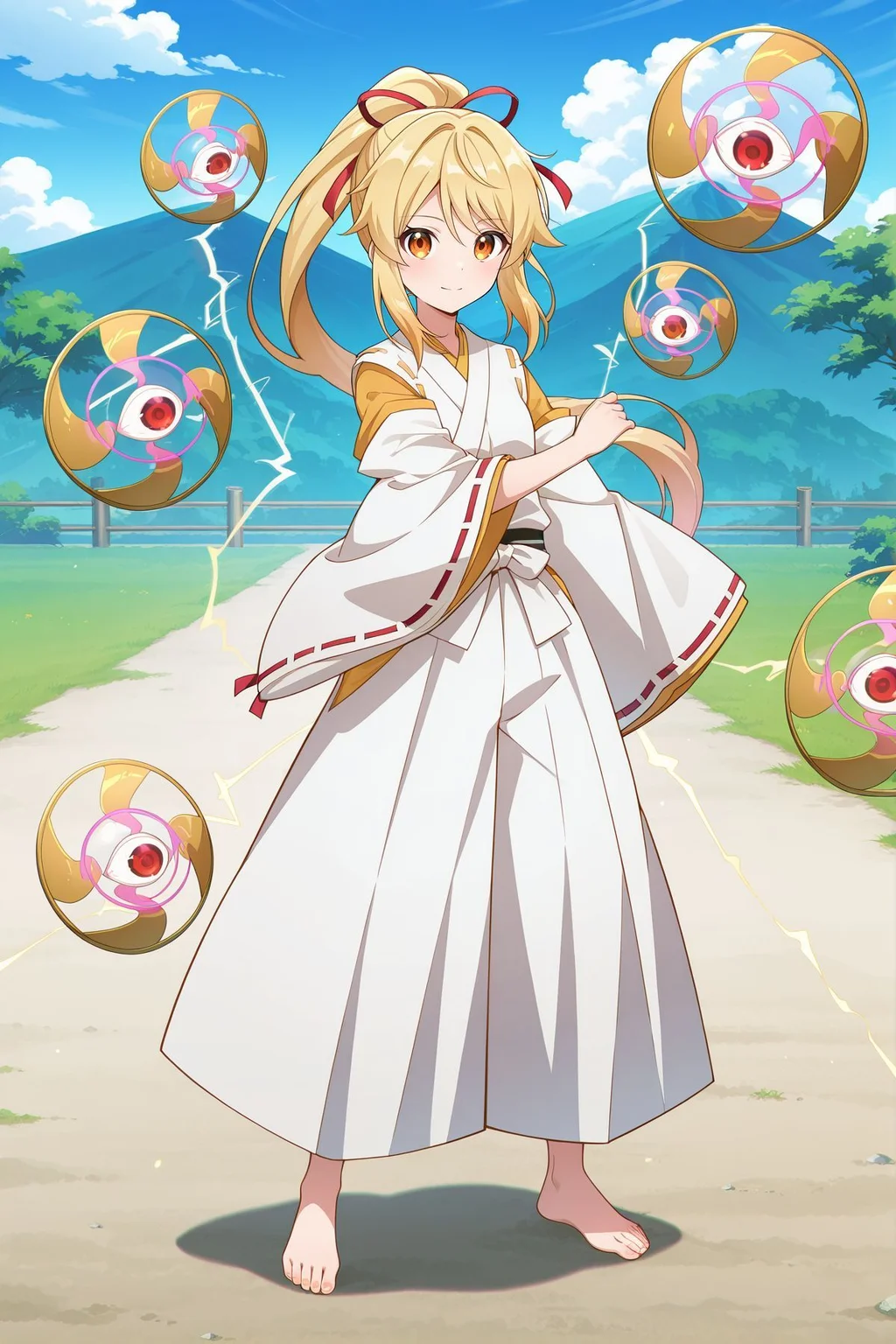 absurdres, highres, masterpiece, best quality, amazing quality, official anime artwork, screencap, anime screencap, outdoors, looking at viewer, light smile, dynamic pose, standing,
<lora:YuugenMagan_Illustrious:1> yuugenmagan, 1girl, solo, orange eyes, blonde hair, long hair, high ponytail, sidelocks,, hair ribbon, red ribbon, white kimono, long sleeves, wide sleeves, ribbon-trimmed sleeves, detached sleeves, white pants, barefoot, eyeball, electricity,