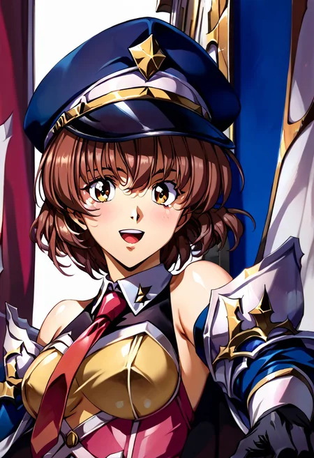 (score_9,score_8_up,score_7_up,source_anime,(masterpiece:1.2),best quality,very aesthetic,public indecency,absurdres),masterpiece,best quality,very aesthetic,absurdres,fantasy,1girl,solo, ,ahoge,brown hair,brown eyes,short hair,,<lora:Fixhands_anime_bdsqlsz_V1:1>, blue jacket, black pants, red necktie, short necktie, peaked cap, emblem, military uniform, black gloves, half gloves, yellow shirt, double-breasted , open mouth, blush,light smile looking at viewer,(upper body, close-up,:1.3), outdoors,, masterpiece,best quality, very aesthetic, absurdres, ultra detailed, high resolution, 4k, extremely detailed CG,