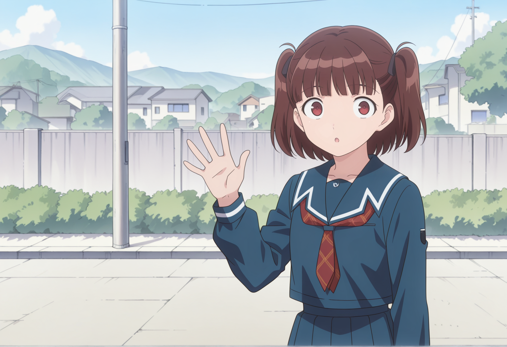 anime coloring, anime screenshot, 1girl, brown hair, medium hair, twintails, red eyes, blue serafuku, pleated skirt, long sleeves, waving, outdoors  <lora:nana_narumi_kimikiss:1>, masterpiece, best quality, amazing quality, very aesthetic, absurdres, highres, newest