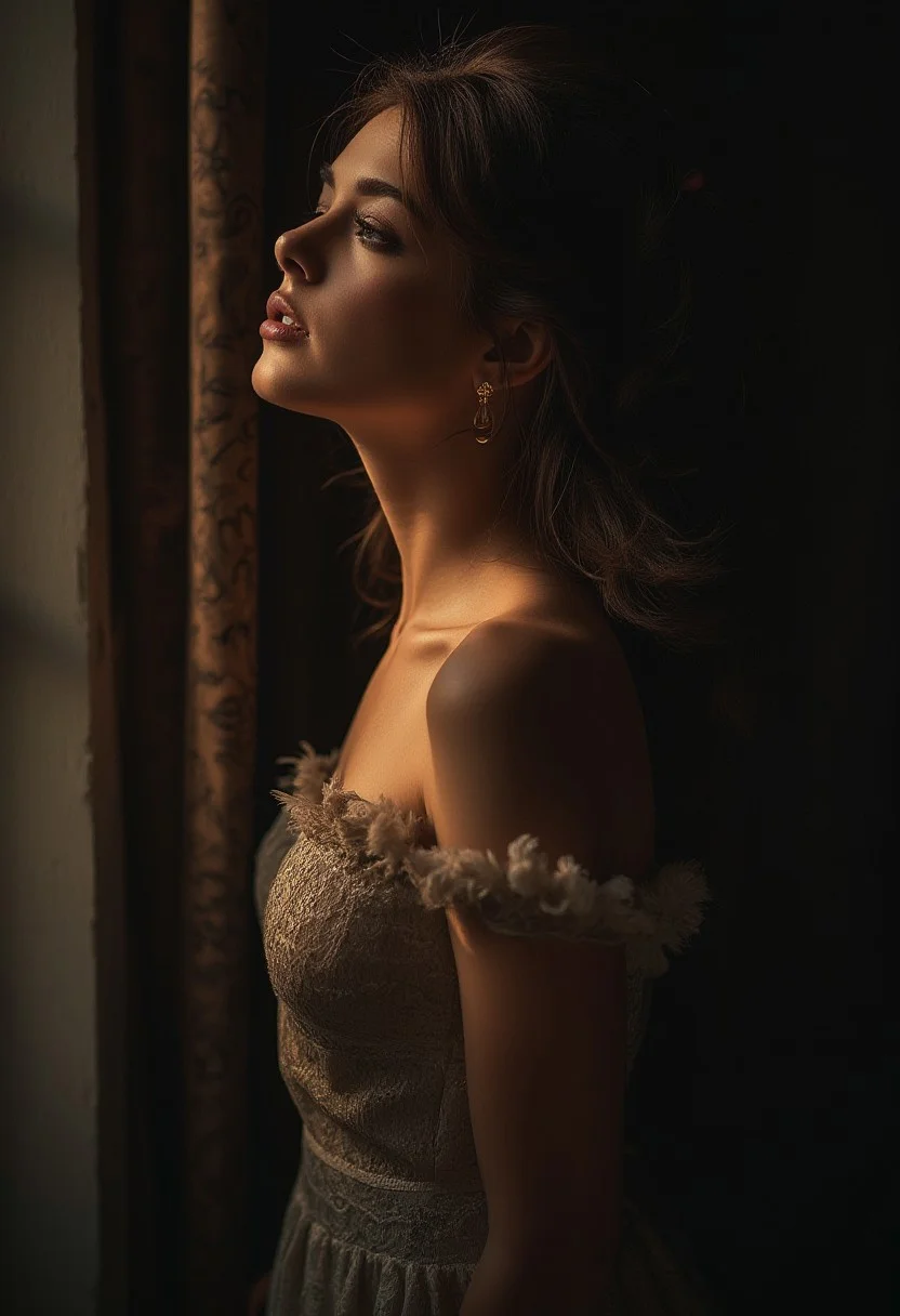 Beauty, realism, cinematography, chiaroscuro, rays of light, play of shadow and light, cinematic quality, cinematic style.
"Side profile of a young woman with delicate features, captured in a dramatic low-key lighting style. The light falls softly on her face, highlighting the contours of her cheeks and collarbone, while leaving the background in deep shadow. She is wearing an off-the-shoulder lace dress, with intricate details visible in the soft lighting. The atmosphere is intimate and serene, with a cinematic focus on the play of light and shadow on her skin, creating a mood of quiet introspection and elegance.",