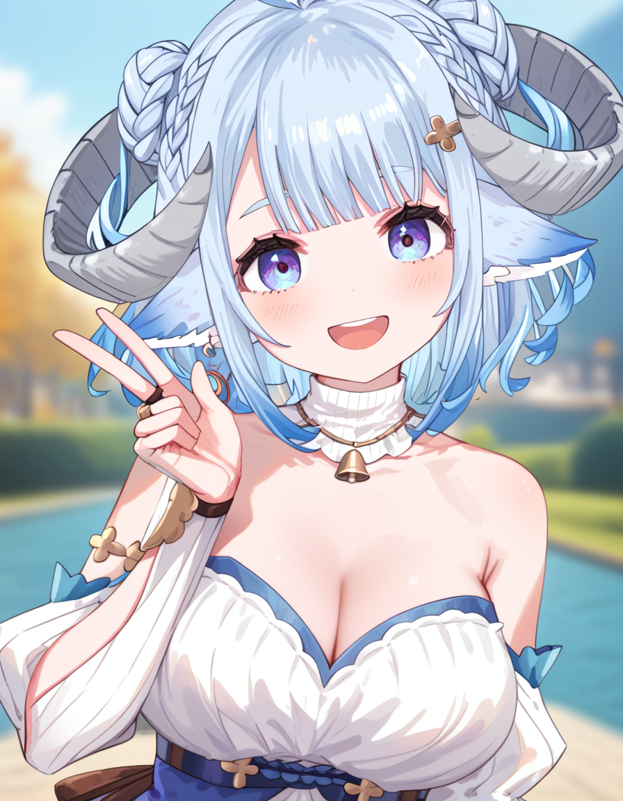score_9_up, score_8_up, score_7_up, score_6_up, 1girl, (MinaiAruma:1.1), cleavage, strapless, detached sleeves, grey horn, 
posing, v over eye, open mouth, big smile, 
blurry background, <lora:MinaiArumaXL_autismmixPony:1.1>, masterpiece, newest, absurdres