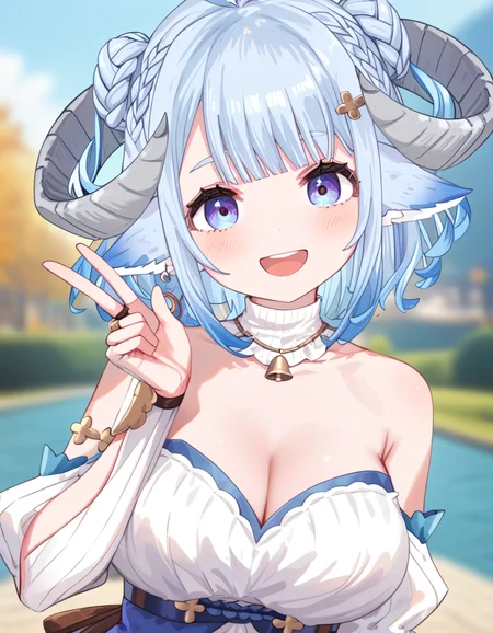 score_9_up, score_8_up, score_7_up, score_6_up, 1girl, (MinaiAruma:1.1), cleavage, strapless, detached sleeves, grey horn,
posing, v over eye, open mouth, big smile,
blurry background, <lora:MinaiArumaXL_autismmixPony:1.1>, masterpiece, newest, absurdres