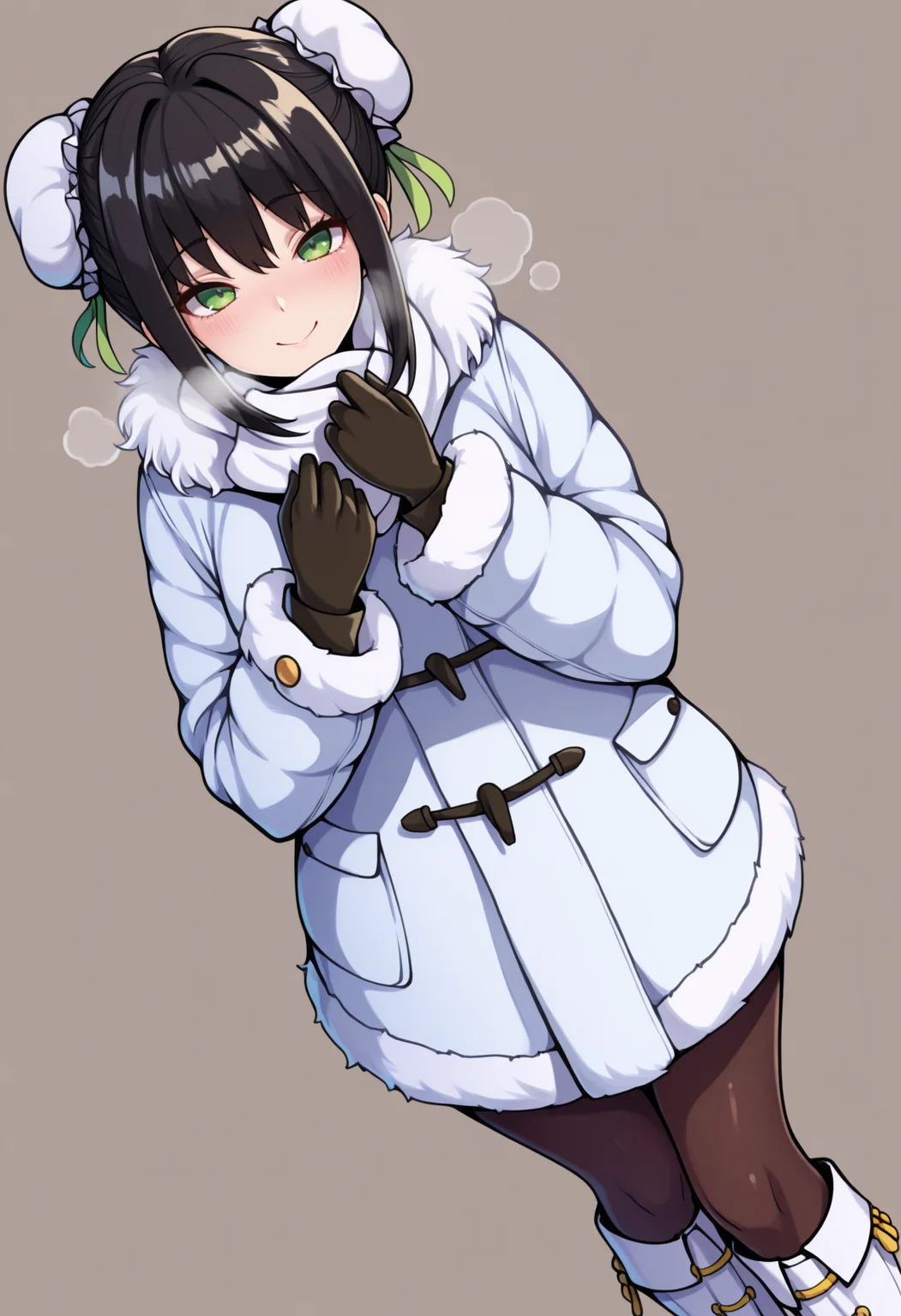 masterpiece, best quality, 1girl, solo, L1ang, green eyes, black hair, double bun, bun cover, sidelocks, scarf, winter clothes, winter coat, fur coat, fur trim, gloves, pantyhose, knee boots, dutch angle, blush, heavy breathing, smile, looking at viewer, simple background, <lora:ChamQinLiangyuNoob:1>