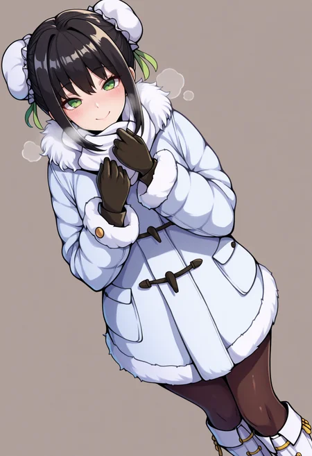masterpiece, best quality, 1girl, solo, L1ang, green eyes, black hair, double bun, bun cover, sidelocks, scarf, winter clothes, winter coat, fur coat, fur trim, gloves, pantyhose, knee boots, dutch angle, blush, heavy breathing, smile, looking at viewer, simple background, <lora:ChamQinLiangyuNoob:1>
