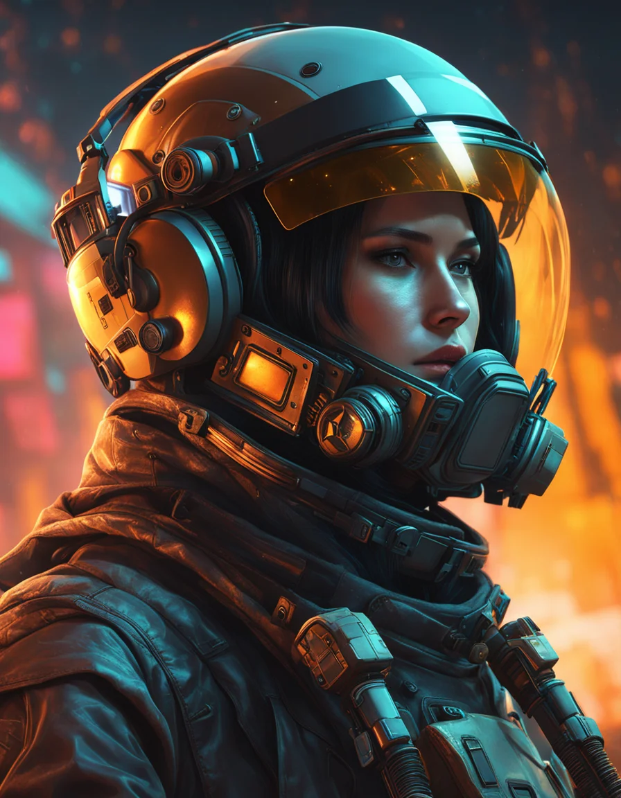The player is wearing an astronaut helmet, in the style of cyberpunk dystopia, 32k uhd, womancore, bronze and amber, dreamlike settings, gorecore, ivan albrigh