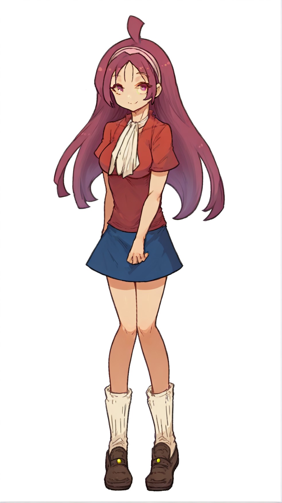safe_pos, score_9, score_8_up, score_7_up, source_anime, BREAK, solo, solo, 1girl, smile, looking at viewer, simple background, standing, 1girl,pink eyes, white calf socks, short sleeves, skirt, blue skirt, prairie skirt, knees, long hair,magenta hair,smile,solo,standing,transparent background, breasts,hairband,pink hairband