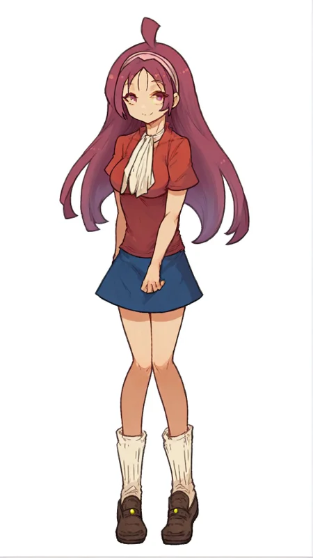 safe_pos, score_9, score_8_up, score_7_up, source_anime, BREAK, solo, solo, 1girl, smile, looking at viewer, simple background, standing, 1girl,pink eyes, white calf socks, short sleeves, skirt, blue skirt, prairie skirt, knees, long hair,magenta hair,smile,solo,standing,transparent background, breasts,hairband,pink hairband