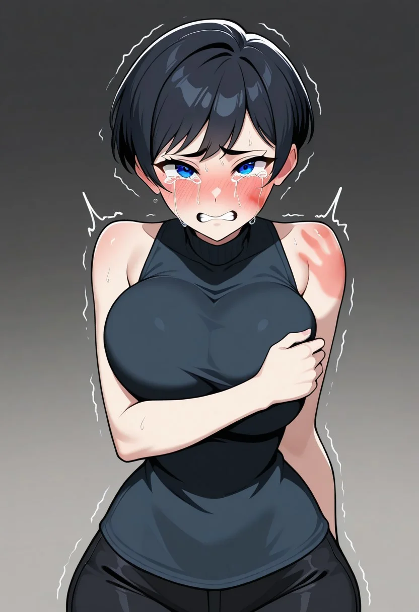 anime, masterpiece, absurd resolution, high quality, very awa, cel shading, female, solo, human, short hair, black hair, pixie cut, blue eyes, long eyelashes, huge breasts, slim arms, tiny waist, hourglass figure, thick thighs, wide hips, upper body, bust, beautiful eyes, black top, sleeveless turtleneck, black pants, ((looking at viewer, slap mark on face, crying, regret, sobbing, sad, upset, shaking, scared, feared, blush, front view:1.2)), etailed eyes, detailed skin, detailed fingers, detailed nails, rating_suggestive, detailed skin, smooth skin, skindentation, beautiful, feminine, tall female, mature female, cute, adorable, 5 fingers, nails