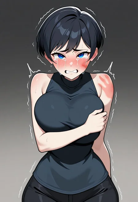 anime, masterpiece, absurd resolution, high quality, very awa, cel shading, female, solo, human, short hair, black hair, pixie cut, blue eyes, long eyelashes, huge breasts, slim arms, tiny waist, hourglass figure, thick thighs, wide hips, upper body, bust, beautiful eyes, black top, sleeveless turtleneck, black pants, ((looking at viewer, slap mark on face, crying, regret, sobbing, sad, upset, shaking, scared, feared, blush, front view:1.2)), etailed eyes, detailed skin, detailed fingers, detailed nails, rating_suggestive, detailed skin, smooth skin, skindentation, beautiful, feminine, tall female, mature female, cute, adorable, 5 fingers, nails