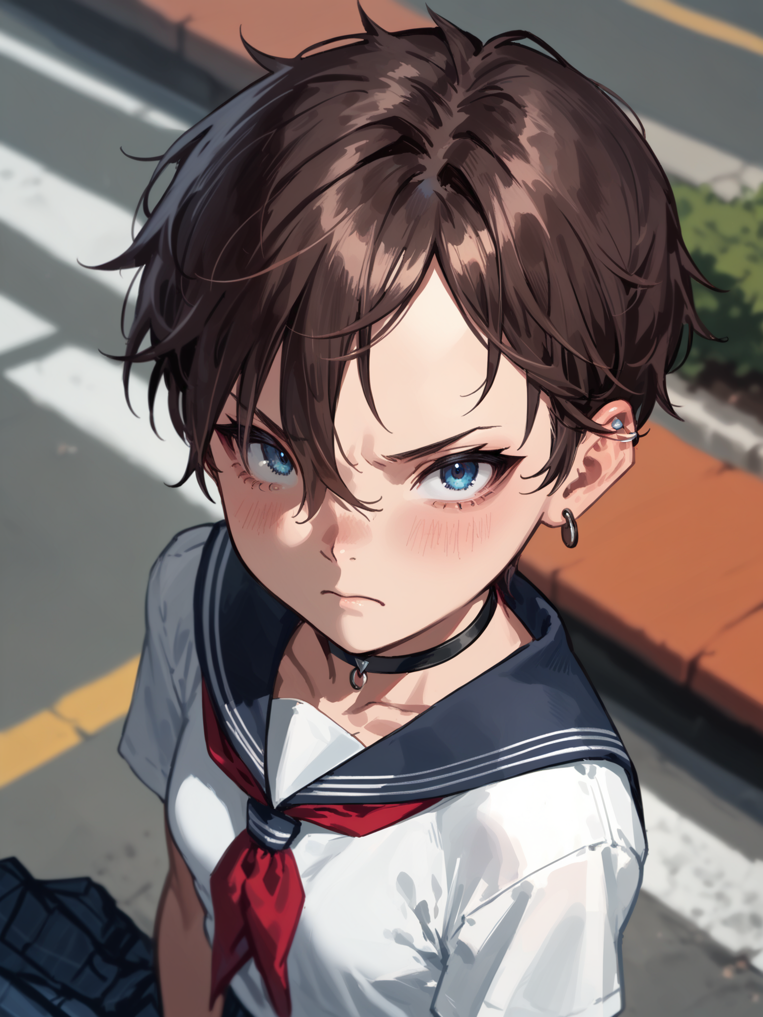 <lora:happy_tentacle-netsureina-v0.1:0.9>, ht_netsureina, earrings, choker, small breasts, blue eyes, brown hair , disgusted, school, rooftop, outdoors, fence, school uniform cowboy shot, 1girl, (petite:1.2), solo focus, (looking at viewer:1.1), sidelighting, (depth of field:0.8), from above, [(realistic, photorealistic:1.2):(realistic:1.2):22], [(3d:1.2)::12], <lora:LUUNA's Lunas-NijiJourney-SDXL-B2:0.5>, nijijourney, <lora:prgfrg23's Counterfeit-V3.0 Style SDXL_LoRA_Pony Diffusion V6 XL:0.35>, <lora:Shed_The_Skin's StS_age_slider_v1_initial_release:-1>, score_9, score_8_up, score_7_up, score_6_up, score_5_up, score_4_up