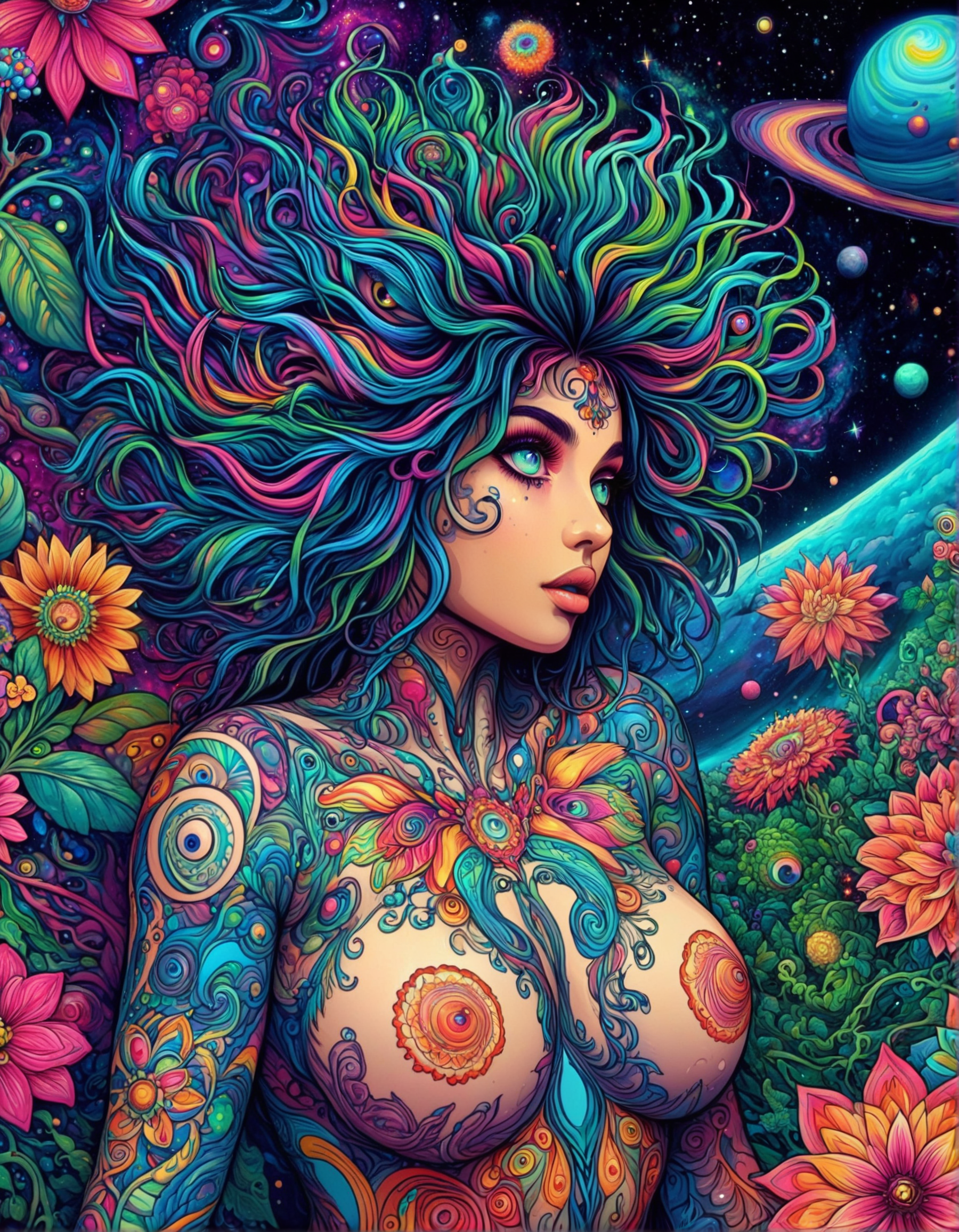 trippy artwork, illustration, flat colors, bold lines, abstract, vibrant, angled side view, 1girl, looking at viewer, beautiful face, messy hair, large colorful eyes, covered in colorful tattoos, perfect body, large breasts, large nipples, nude, dynamic position, floating in outer space, nebulae, alien vegetation, mandala blossoms, entangled in vines, stars, high contrasts
