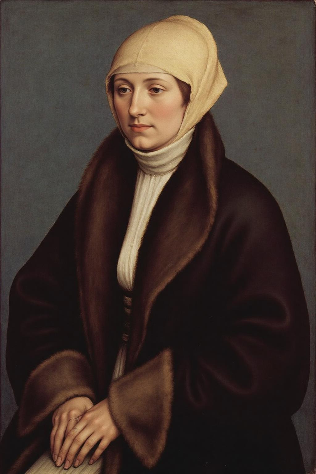 hansho1 painting
A woman seated in a contemplative pose, gazing slightly downward. She is dressed in a dark brown, long-sleeved, fur-trimmed coat with a white, high-collared tunic underneath. She wears a beige hood that covers her head. <lora:hansho1_cap_d6a3e12:1.0><lora:816878758230319653:0>