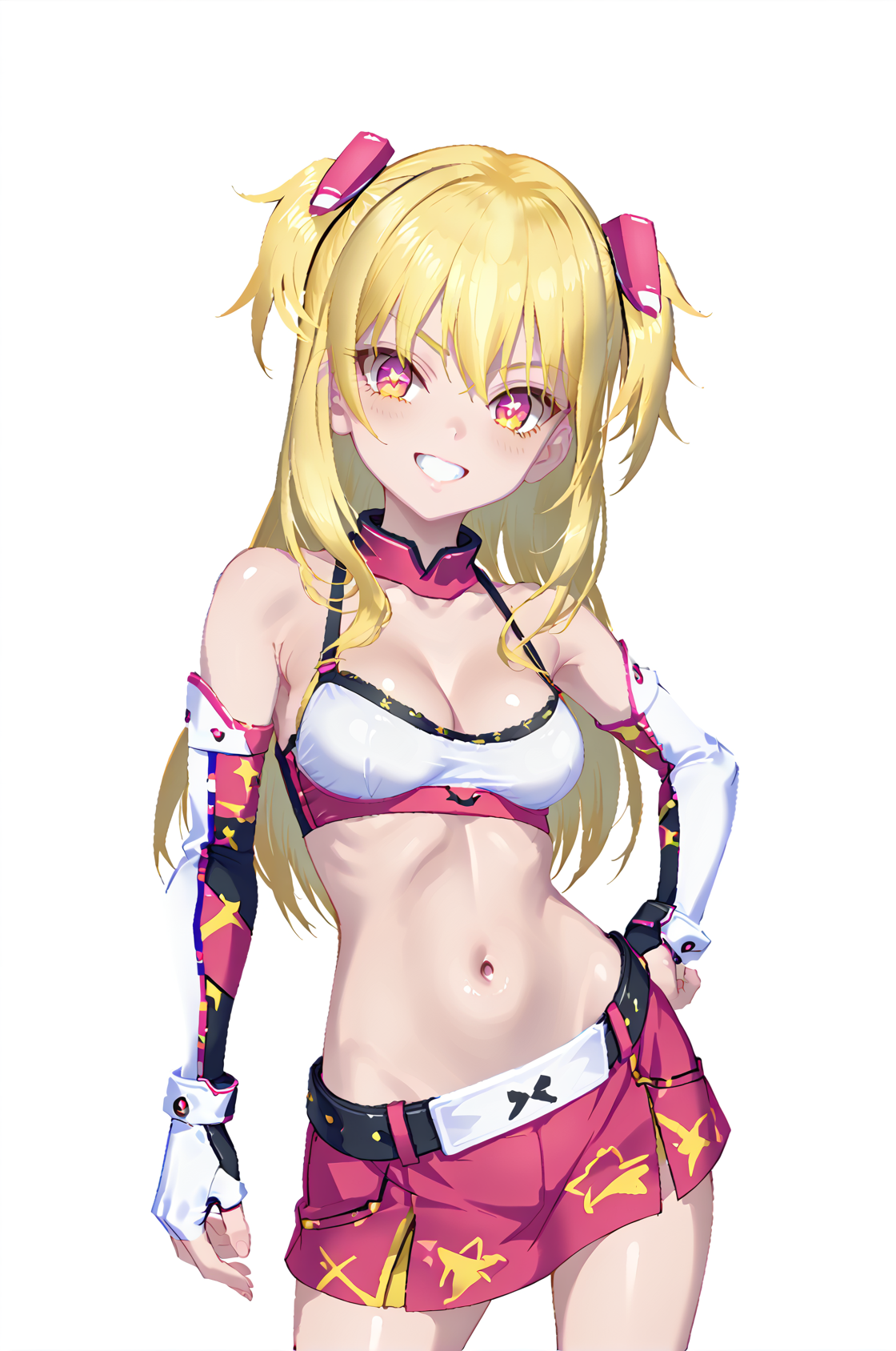 spikaPangya, long hair, blonde hair, +_+, star-shaped pupils, multicolored eyes, yellow eye, pink eye,
starySet, hair ornament, bare shoulders, white knee boots, star print, belt, pink miniskirt, crop top, midriff, elbow  gloves, bra,
standing, upper body, smile,
1girl, solo, looking at viewer, white background, 
 <lora:spikaPangyaPonyV3.0-000007:1>