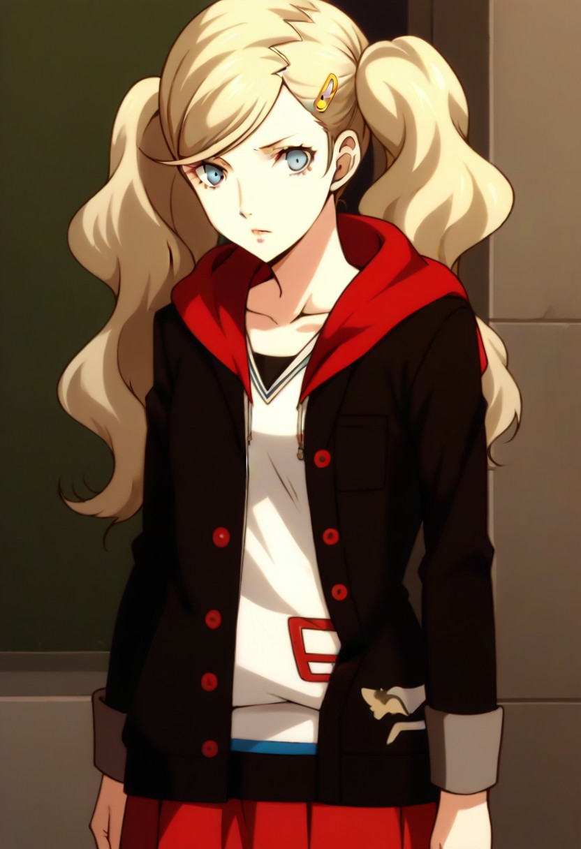 (source_anime), 1 girl, solo, nsfw, cute face, p5ann, twintails, long hair, takamaki anne, blonde hair, hairclip, skirt, uniform, jacket, open clothes, hairclip, hood, miniskirt, sweater, open jacket, black jacket, hoodie,hood down, white sweater, red pantyhose, hooded cardigan, uniform,