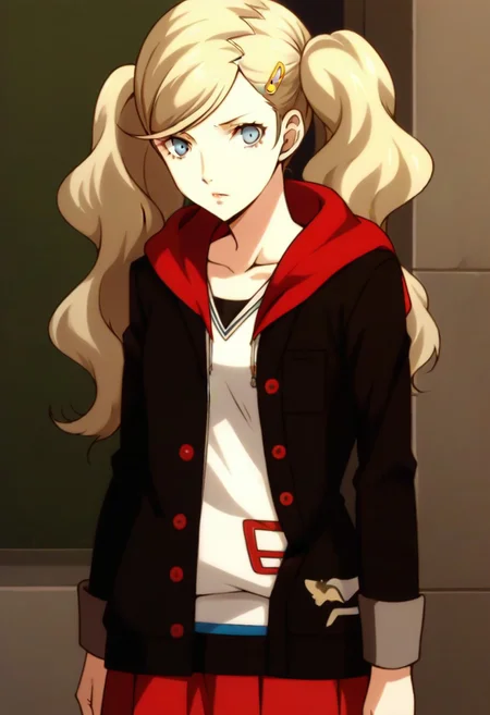 (source_anime), 1 girl, solo, nsfw, cute face, p5ann, twintails, long hair, takamaki anne, blonde hair, hairclip, skirt, uniform, jacket, open clothes, hairclip, hood, miniskirt, sweater, open jacket, black jacket, hoodie,hood down, white sweater, red pantyhose, hooded cardigan, uniform,