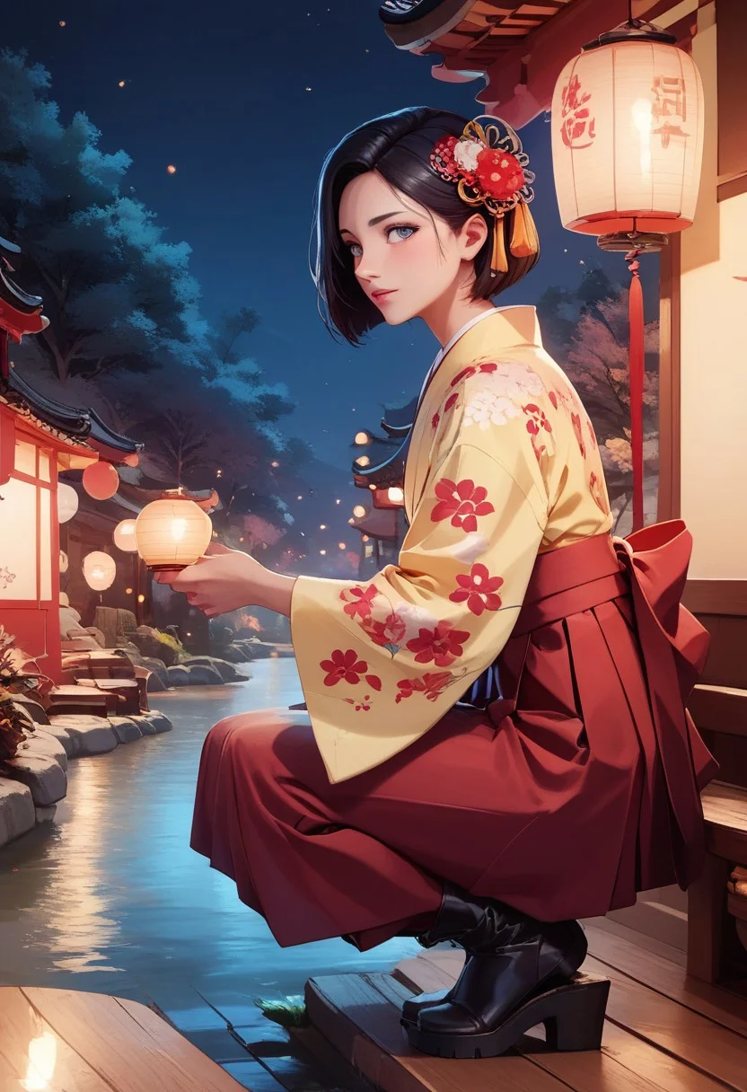 score_9, score_8_up, score_7_up, 1boy, femboy, otoko no ko, short hair, bob cut hair, black hair, grey eyes, gray eyes, feminine face, toned body, Shelly, furisode, hakama, floral print, hair ornament,boots, crouching, holding lantern, paper lantern, side view, highly detailed, intricate, zzCitronLegacy, outside, night, lantern festival, river, multiple lanterns on river, crowded