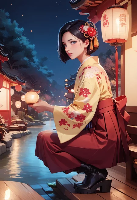 score_9, score_8_up, score_7_up, 1boy, femboy, otoko no ko, short hair, bob cut hair, black hair, grey eyes, gray eyes, feminine face, toned body, Shelly, furisode, hakama, floral print, hair ornament,boots, crouching, holding lantern, paper lantern, side view, highly detailed, intricate, zzCitronLegacy, outside, night, lantern festival, river, multiple lanterns on river, crowded