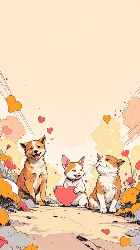 Playful, heartwarming scene featuring adorable comic-style animals—chubby cats, cheerful puppies, and a curious bunny, all interacting with floating hearts and paw prints. Bright, clean linework, simple yet expressive faces, exaggerated cute proportions. The animals playfully chase heart-shaped bubbles, leaving tiny paw prints behind. Background: Minimalist, warm pastel tones with soft gradients, creating a cozy and inviting feel. Ligne claire comic style—bold, uniform line weight, flat vibrant colors, minimal shading, clean and structured composition,