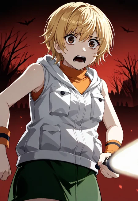 masterpiece,best quality,score_9, score_8_up, score_7_up, source_anime BREAK 1girl, solo, <lora:heathermason-silenthill-richy-v1_pdxl:1> hthrdf, brown eyes, blonde hair, short hair,(scared,looking at viewer),(white vest,orange sweater, turtleneck, sleeveless, wristband, green skirt, hood down),(cowboy shot),(flpoint, flashlight,holding flashlight,pointing flashlight for viewer),(horror,deep shadows,dark,dark theme,in an amusement park,dark red sky,red theme,red lighting,red light illuminates the girl)